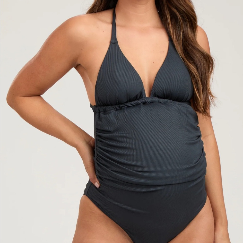 Black Ribbed Low Back Halter One-Piece Maternity Swimsuit pinkblush